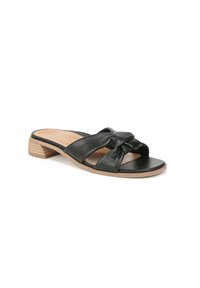Sandales à glissière en cuir noir avec trois lanières nouées, design à bout ouvert et un petit talon en bois. Texture lisse, style décontracté.