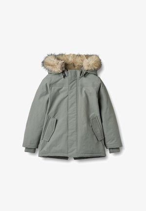 Šviesiai žalia parka striukė su dirbtinio kailio apvadais gaubtu, turi šonines kišenes, plėšytu ribu užsegamas rankogalius ir užtrauktuko užsegimą. Lygus audinys su švelniu blizgesiu.