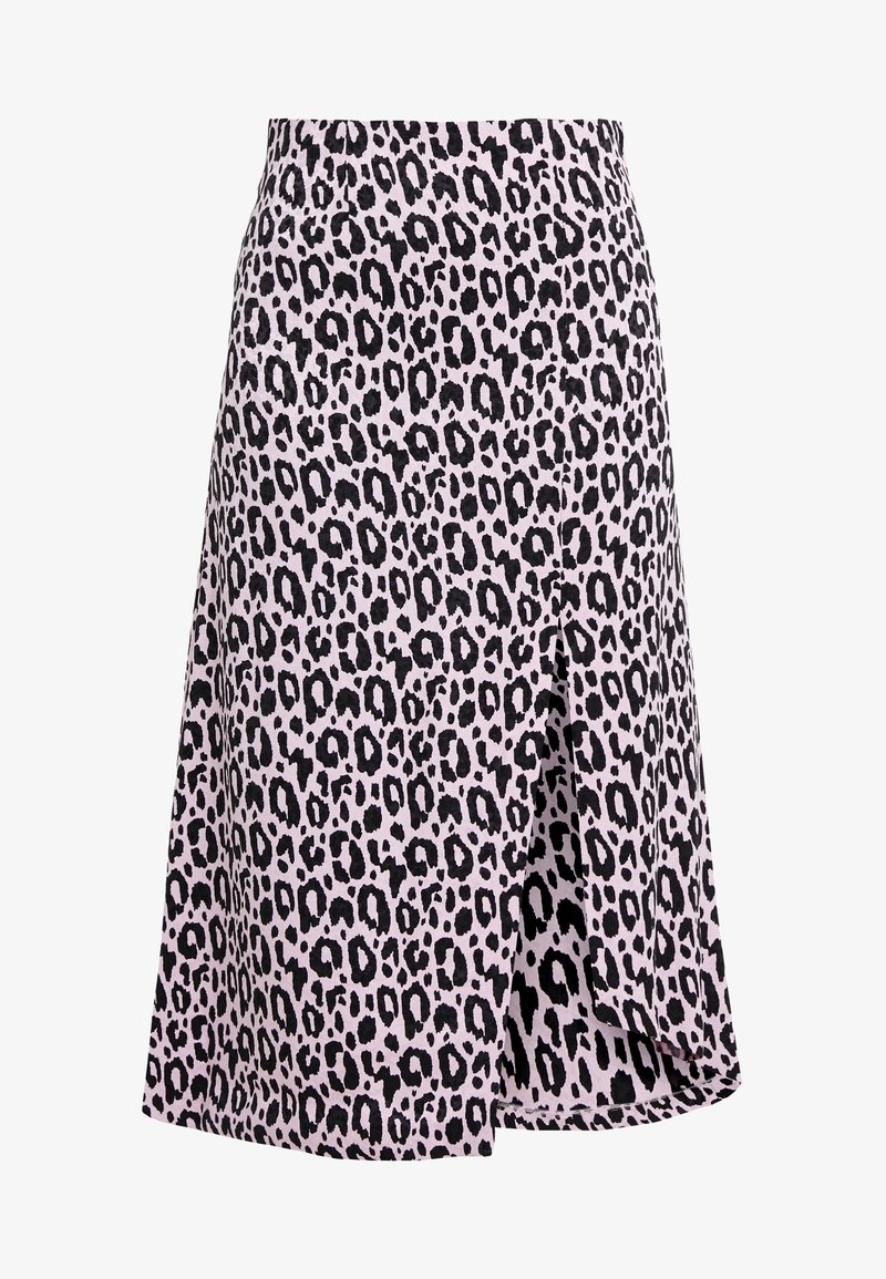Jupe imprimé léopard en rose clair avec des taches noires, présentant un design portefeuille et une fente frontale, fabriquée en tissu doux.