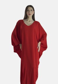 Rød, oversized kaftan kjole med V-hals og brede ærmer, lavet af letvægts, struktureret stof. Minimalistisk design uden mønstre.