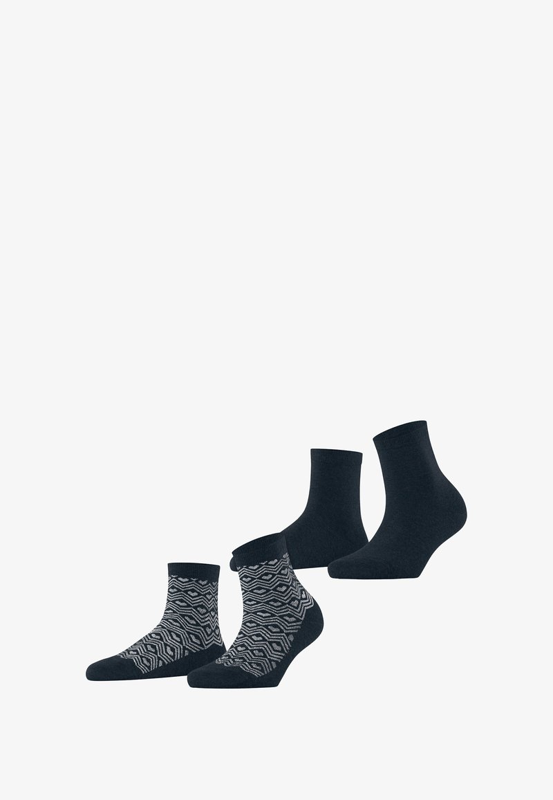Two pairs of socks: one pair in solid dark blue, the other ankle-height with a geometric pattern in light gray on the upper portion.