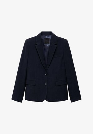 Navy blue pinstriped blazer, single-breasted, two-button closure, notch lapels, two front pockets, smooth inner lining.