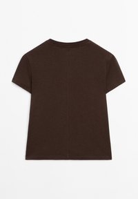 Plain dark brown short-sleeve T-shirt with visible seam down the middle of the back, laid flat on a white background.
