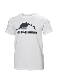 Camiseta blanca de algodón con un gran gráfico negro que presenta montañas y un sol, junto con el logo de "Helly-Hansen" en letras negritas.