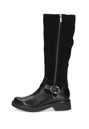 Black knee-high boots feature a mix of suede and leather materials, a side zipper, and a strap with a circular silver buckle accent.