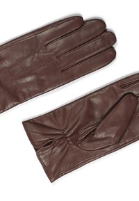 Brune lærhansker har en glatt tekstur, fem fingre og samlet pynt ved håndleddet for en tett passform. Minimale søm detaljer er synlige.