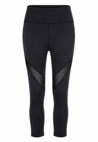 Schwarze Leggings mit hohem Bund, die transparente schwarze Paneele und eine enge Passform aufweisen. Glatte Textur mit einem eleganten Aussehen.
