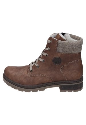 Brown leather ankle boot with a textured finish, gray fabric collar, lace-up front, and rubber sole featuring a slight heel.