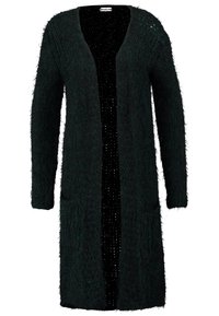 Cardigan long noir ouvert sur le devant, avec manches longues et un tissu tricoté doux et texturé.