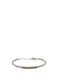 Bracciale color argento con catene a maglie e una barra centrale in oro rosa, caratterizzato da piccoli accenti quadrati neri lungo la barra.