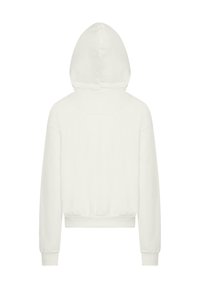 Weißer Kapuzenpullover mit langen Ärmeln, gerippten Bündchen und Saum. Hat eine glatte Textur und einen lässigen Schnitt, der für Komfort sorgt.