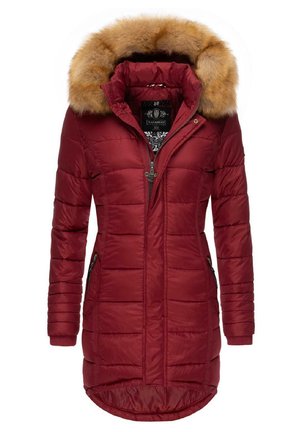 Burgundy puffer jacket with a removable brown fur hood. Features a zip closure, two side pockets, and ribbed cuffs. Horizontal quilted pattern.