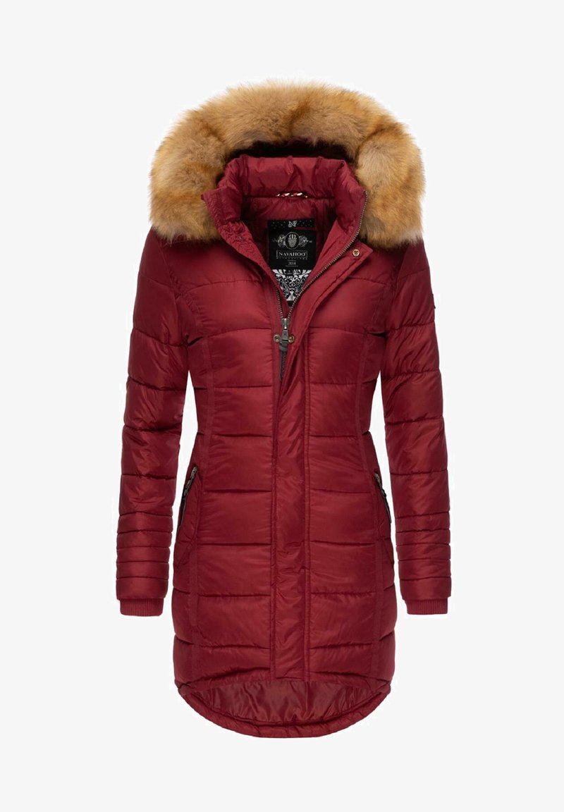 Bordeaux pufferjack met een afneembare bruine bontkraag. Voorzien van een ritsluiting, twee zijzakken en geribbelde manchetten. Horizontaal gestikt patroon.