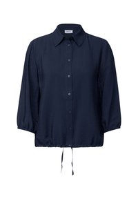 Blusa a maniche lunghe blu navy con bottone frontale, colletto e polsini elasticizzati. Presenta un orlo con cordino per una vestibilità regolabile.