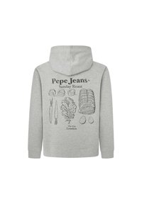Siva dukserica s grafičkim otiskom hrane, uključujući povrće i meso, s natpisom "Pepe Jeans Sunday Roast" iznad.