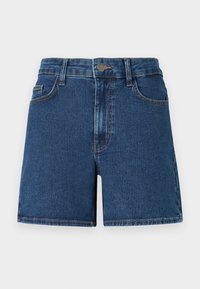 Denim shorts with a blue wash, featuring a high waist, five-pocket design, metal button closure, and straight leg cut.