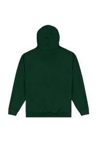 Felpa verde con cappuccio realizzata in tessuto morbido, con tasca a marsupio, polsini e orlo a costine, dalla texture liscia e cuciture evidenziate.