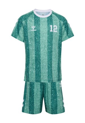 Sportshirt en korte broek met verticale strepen in groen en lichtgroen, met witte biezen, nummer 12 op de borst en Hummel-logo's op borst en korte broek.