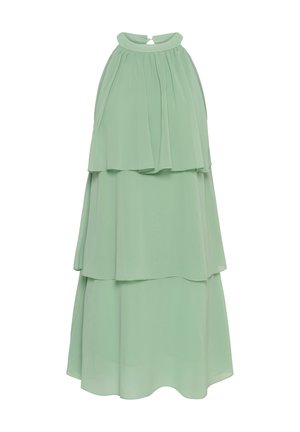 Vestido sin mangas de gasa verde menta con volantes, cuello alto y cierre de botones en forma de ojo de cerradura en la parte trasera.