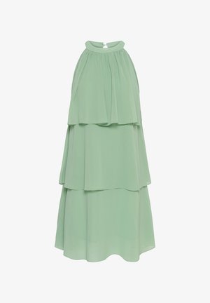 Rochie verde mentă fără mâneci, din chiffon cu volane, cu gât înalt și închidere tip cheie cu nasture la spate.