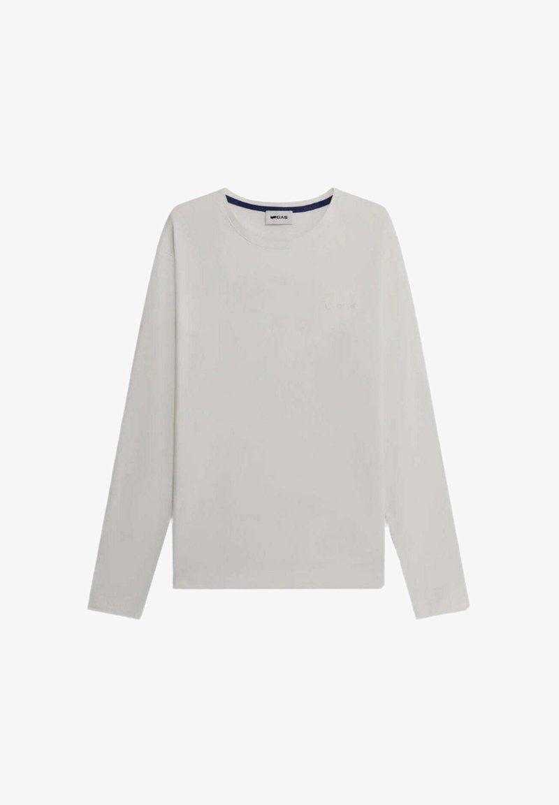 Maglietta a maniche lunghe grigia chiara realizzata in tessuto morbido. Design a girocollo con cuciture minime e un piccolo logo discreto sul petto.
