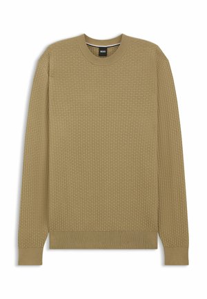 Suéter de manga larga color caqui con un patrón texturizado, cuello redondo, puños y dobladillo acanalados. Fabricado con una tela suave y transpirable.