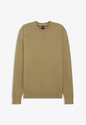 Khakifarbener Pullover mit langen Ärmeln, strukturiertem Muster, Rundhalsausschnitt, gerippten Bündchen und Saum. Hergestellt aus einem weichen, atmungsaktiven Stoff.