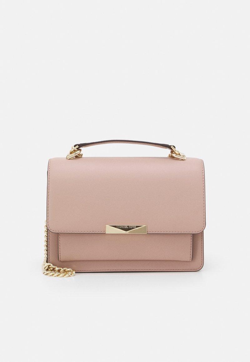 Pink leather crossbody bag with a gold-tone clasp, structured shape, detachable chain strap, and subtle stitching detail on the edges.