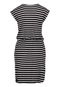Sukienka w czarno-białe paski, z krótkimi rękawami, z taliowanym krojem i bocznymi kieszeniami. Wykonana z lekkiej tkaniny, o luźnym fasonie.