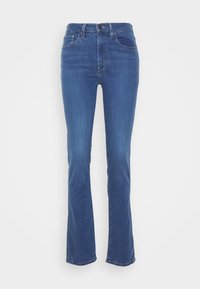 Modré džíny bootcut z denimového materiálu s předními kapsami, poutky na opasek, zapínáním na knoflík a viditelnými švy.