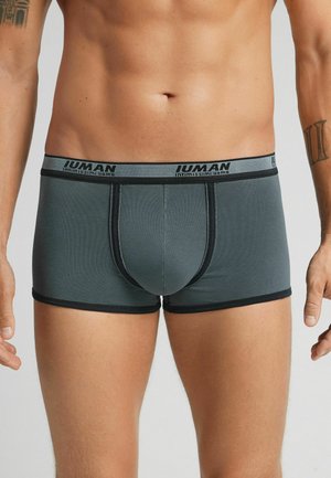 Graue Boxer-Shorts mit einem schwarzen Bund, auf dem der Markenname steht. Glatte Textur, eng anliegendes Design und kurze Beine mit kontrastierenden Besätzen.