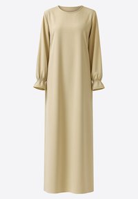 Beige kjole med lange ærmer og rund halsudskæring. Har folder ved ærmekanterne og en lige, løs pasform, lavet af glat stof.