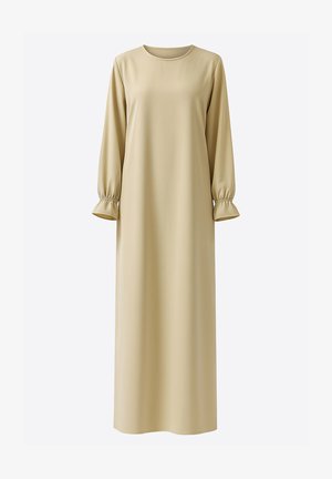 Beżowa sukienka z długim rękawem o okrągłym dekolcie. Charakteryzuje się marszczeniem na mankietach rękawów oraz prostym, luźnym krojem, wykonana z gładkiej tkaniny.
