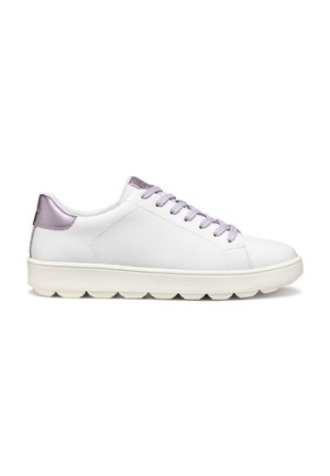 White leather sneaker with a textured lilac accent on the heel, features light lilac laces, and a thick, white sole with distinct grooves.