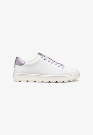 White leather sneaker with a textured lilac accent on the heel, features light lilac laces, and a thick, white sole with distinct grooves.
