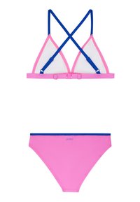 Top bikini rosa con spalline blu regolabili e coppe triangolari; pantaloni coordinati rosa con vita blu e dettagli del logo. Texture liscia.