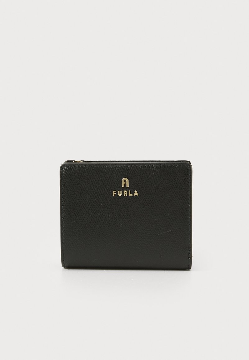 Black leather wallet with a textured finish, gold logo accents, compact rectangular shape, and zipper closure on the side.