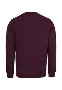 Bordeauxfarbener Sweatshirt aus weichem Stoff, mit langen Ärmeln, rundem Halsausschnitt und gerippten Bündchen und Saum. Keine Grafiken oder Verzierungen.