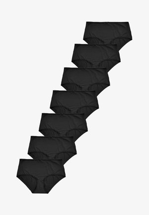 Schwarze Baumwoll-Hipster-Unterhosen angeordnet in einem versetzten Layout, mit einer glatten Textur und einem weichen Bund mit dekorativen Schleifen.