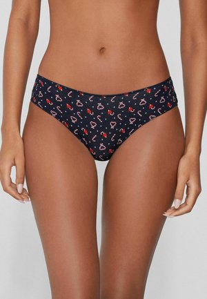 Granatowe figi bikini z wzorem cukrowej laski i kwiatów, wykonane z gładkiej, elastycznej tkaniny o średnim stanie.