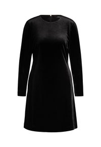 Schwarzes Samtkleid mit langen Ärmeln, runder Ausschnitt und einem Reißverschluss auf der Rückseite. Glatte Textur mit lockerem Schnitt.