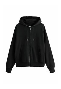 Sudadera con cremallera negra hecha de tejido suave, con un amplio bolsillo canguro, cordones ajustables y puños y dobladillo acanalados.