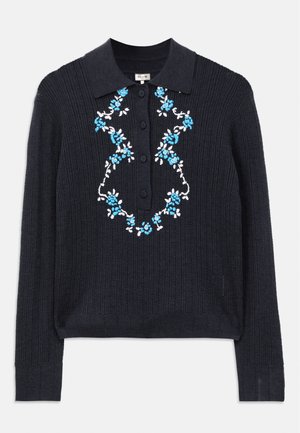Navy ribbed long-sleeve sweater with polo collar, front buttons, and blue and white floral embroidery on the chest.