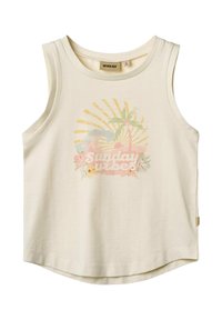Hellbeige Trägershirt aus Baumwolle. Es zeigt ein buntes Grafikdesign mit Palmen und dem Text "Sunday vibes" in einer pastellfarbenen Farbpalette.