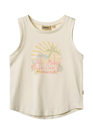 Hellbeige Trägershirt aus Baumwolle. Es zeigt ein buntes Grafikdesign mit Palmen und dem Text "Sunday vibes" in einer pastellfarbenen Farbpalette.