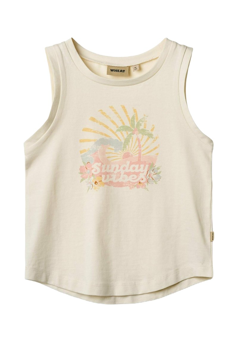 Hellbeige Trägershirt aus Baumwolle. Es zeigt ein buntes Grafikdesign mit Palmen und dem Text "Sunday vibes" in einer pastellfarbenen Farbpalette.