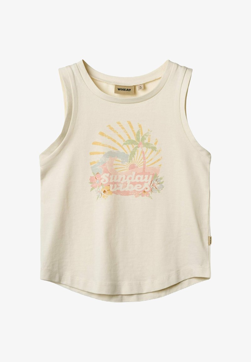 Canottiera beige chiaro in cotone. Presenta un design grafico colorato con palme e il testo "Sunday vibes" in una palette di colori pastello.