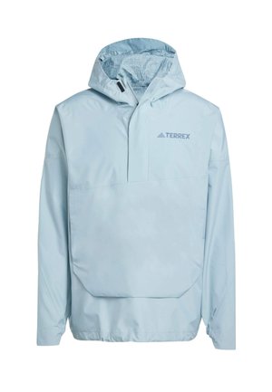 Light blue Terrex jacket with a hood, front pocket, and a relaxed fit. Made from smooth, water-resistant material with logo detail.