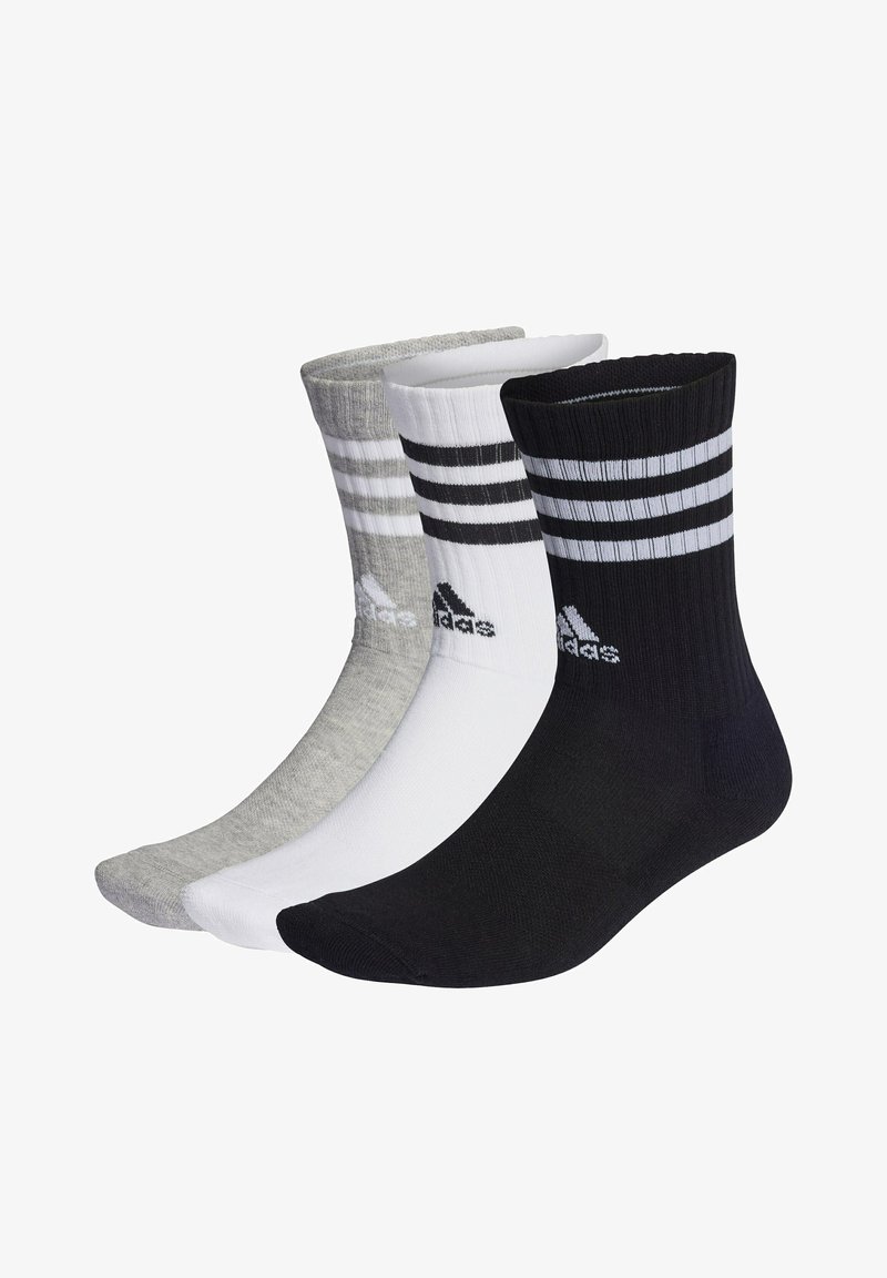 Tri para športnih nogavic v črni, beli in sivi barvi. Vsak par ima rebrasto teksturo, kontrastne stripe blizu vrha in logo.
