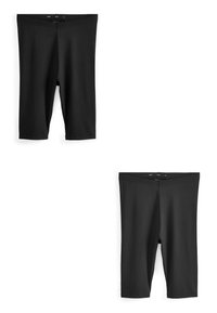Shorts noirs en tissu extensible, avec une coupe au genou, une texture lisse et une taille élastique pour plus de confort.
